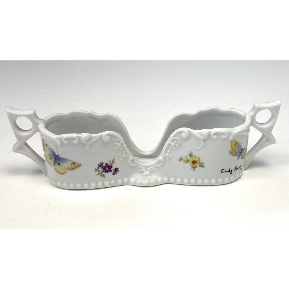 VTG 1974 Handpainted DOUBLE SPOON HOLDER Butterflies Signed Cindy Bower EUC